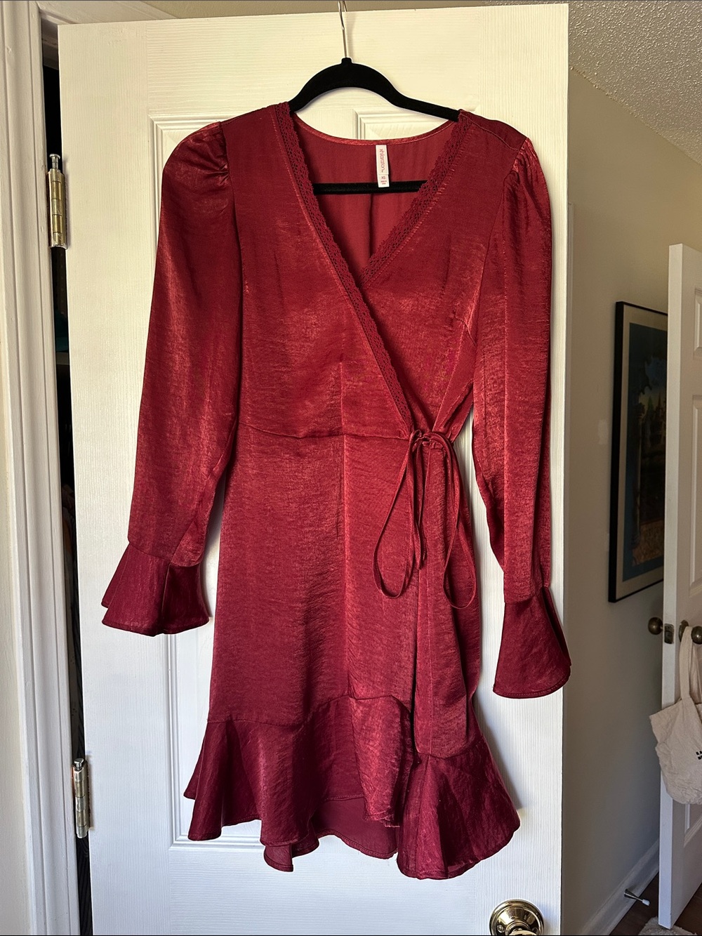Xhileration Women's Red Wrap Dress with Ruffled Hem XS